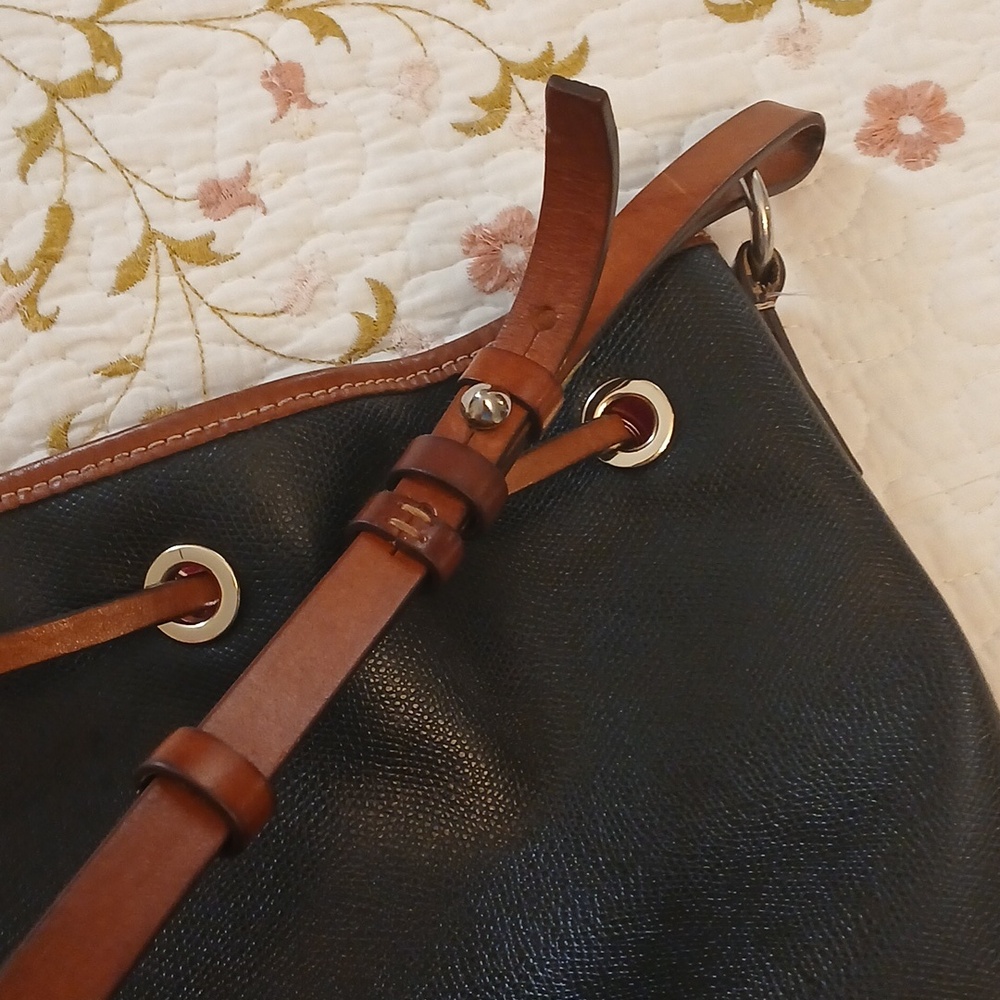 Dooney & Bourke Navy Leather Trim Drawstring Bucket Bag - Picture 6 of 10